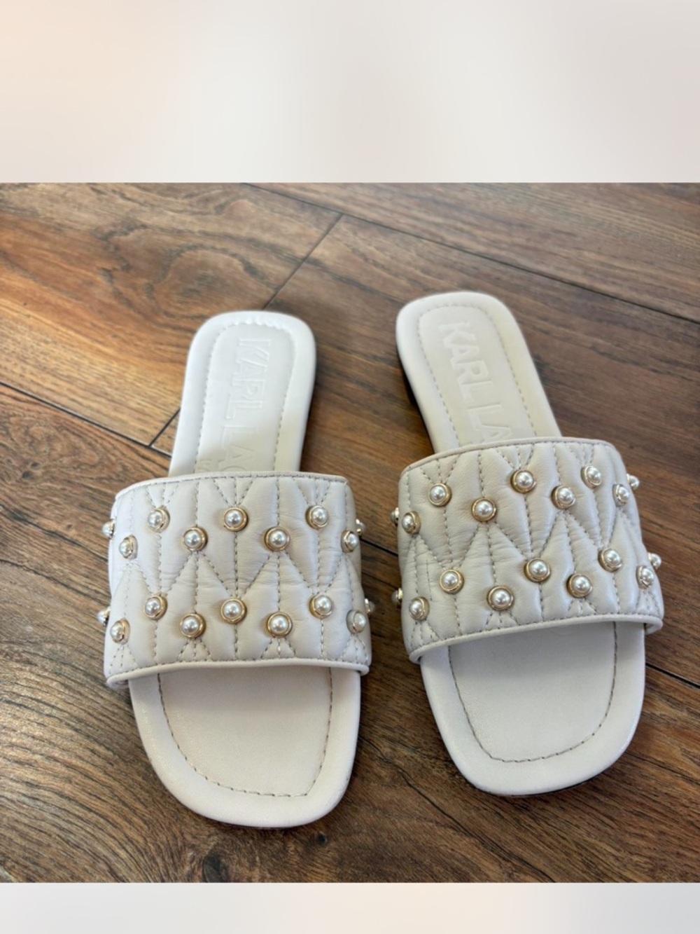 Karl Lagerfeld Quilted Pearl-Stud Slide Sandals in Cream